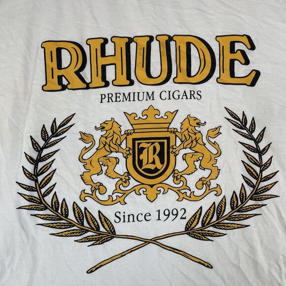 Rhude T-Shirt Men's Large Beige Short Sleeve "Premium Cigars" Graphic Tee Design - Picture 7 of 8